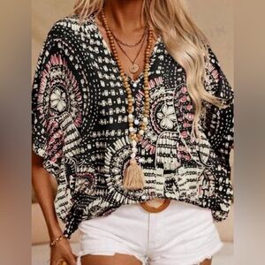 💖Hello Gorgeous! Printed Boho V-Neck Half Sleeve Top - Black